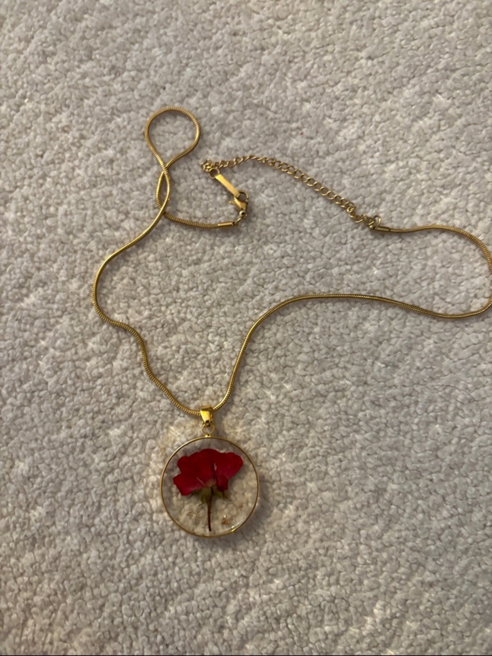 Gold Pendant Necklace with Red Pressed Flower